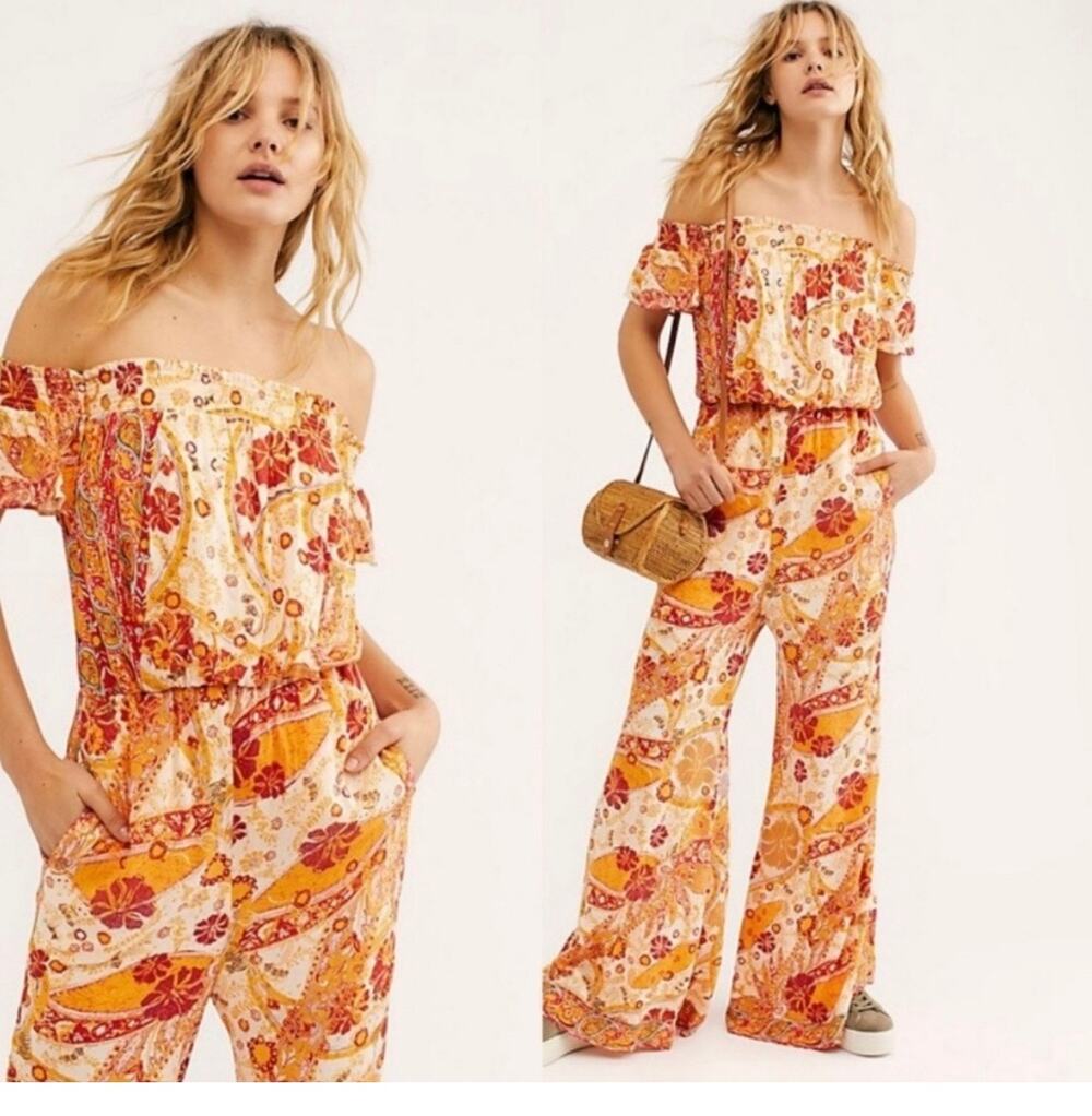 NWT Free People Carmen Jumpsuit Off Shoulder Floral Wide Leg Size Small Bohemian